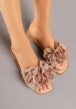 Ciemnobeżowe Klapki z Kwiatami 3D Fevionne