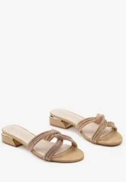 Ciemnobeżowe Klapki z Niskim Obcasem i Cyrkoniami na Splecionych Paseczkach Libiusa