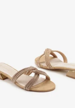 Ciemnobeżowe Klapki z Niskim Obcasem i Cyrkoniami na Splecionych Paseczkach Libiusa