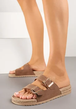 Ciemnobeżowe Klapki z Ozdobnymi Klamrami i Plecionym Sznurkiem Edinwena