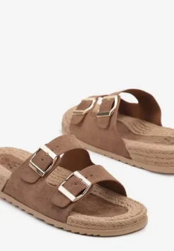 Ciemnobeżowe Klapki z Ozdobnymi Klamrami i Plecionym Sznurkiem Edinwena