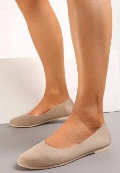 Ciemnobeżowe Klasyczne Balerinki z Ekozamszu z Okrągłym Noskiem Harneli