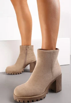 Ciemnobeżowe Klasyczne Botki na Słupku i Niskiej Platformie Niaves