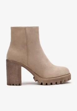 Ciemnobeżowe Klasyczne Botki na Słupku i Niskiej Platformie Niaves