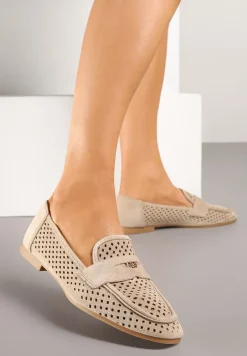 Ciemnobeżowe Klasyczne Mokasyny z Ażurową Cholewką Neovellea