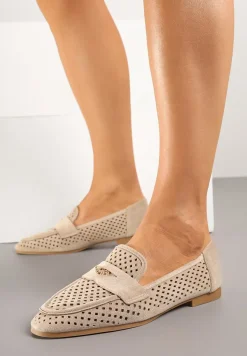 Ciemnobeżowe Klasyczne Mokasyny z Ażurową Cholewką Neovellea