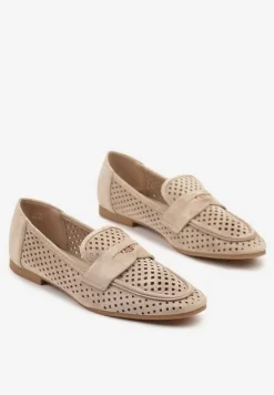Ciemnobeżowe Klasyczne Mokasyny z Ażurową Cholewką Neovellea