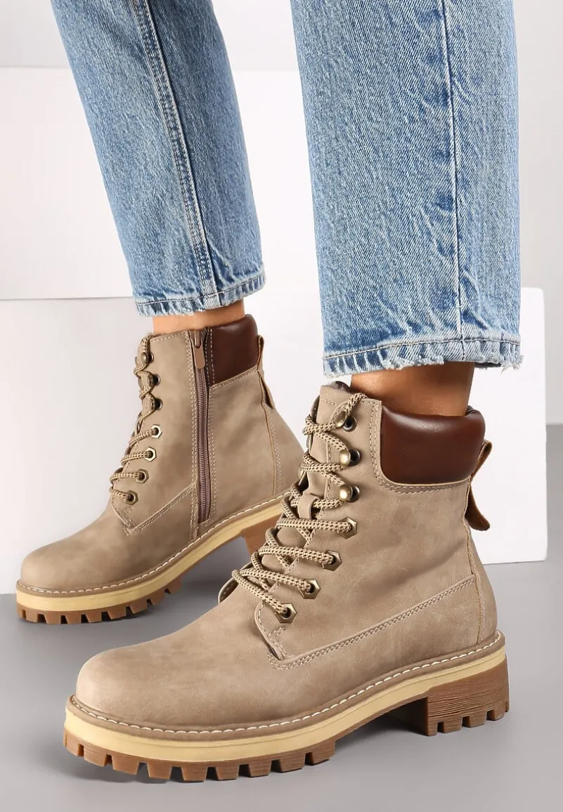 Ciemnobeżowe Klasyczne Traperki ze Wstawką z Ekoskóry na Cholewce Juxora