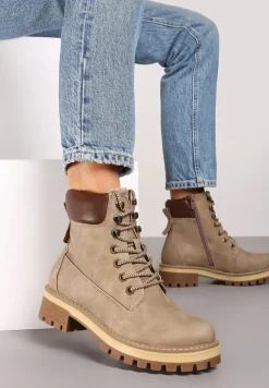 Ciemnobeżowe Klasyczne Traperki ze Wstawką z Ekoskóry na Cholewce Juxora