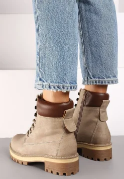 Ciemnobeżowe Klasyczne Traperki ze Wstawką z Ekoskóry na Cholewce Juxora