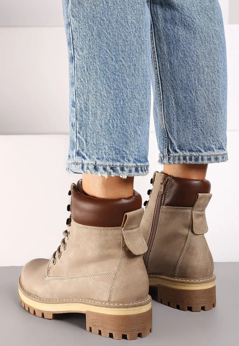 Ciemnobeżowe Klasyczne Traperki ze Wstawką z Ekoskóry na Cholewce Juxora