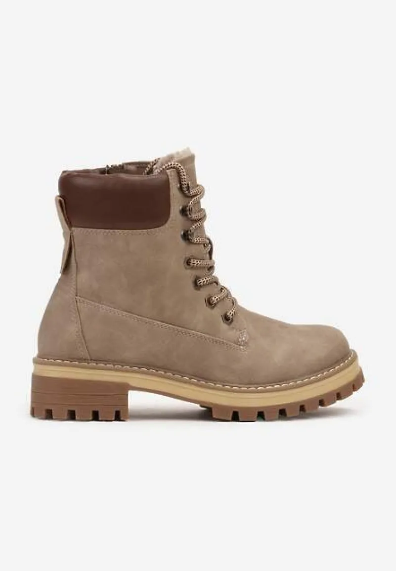 Ciemnobeżowe Klasyczne Traperki ze Wstawką z Ekoskóry na Cholewce Juxora