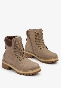 Ciemnobeżowe Klasyczne Traperki ze Wstawką z Ekoskóry na Cholewce Juxora