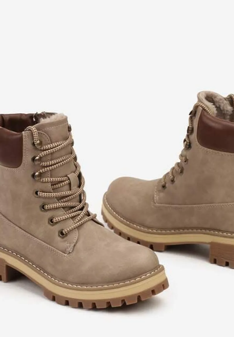 Ciemnobeżowe Klasyczne Traperki ze Wstawką z Ekoskóry na Cholewce Juxora