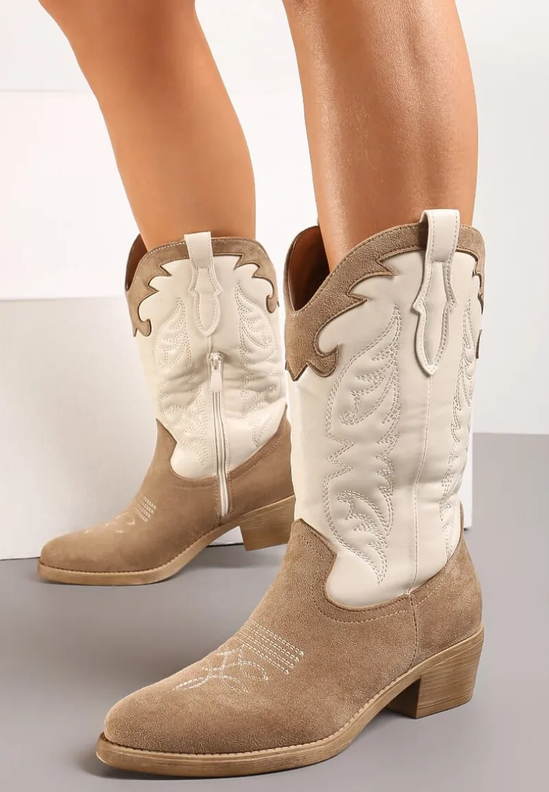 Ciemnobeżowe Kowbojki Botki do Połowy Łydki z Ozdobnymi Przeszyciami na Niskim Słupku Indriel