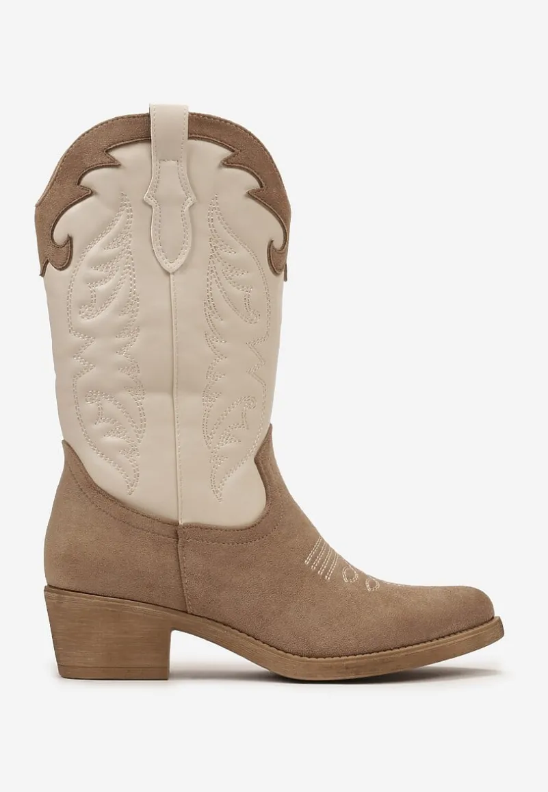 Ciemnobeżowe Kowbojki Botki do Połowy Łydki z Ozdobnymi Przeszyciami na Niskim Słupku Indriel