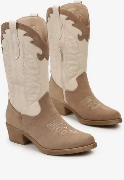 Ciemnobeżowe Kowbojki Botki do Połowy Łydki z Ozdobnymi Przeszyciami na Niskim Słupku Indriel