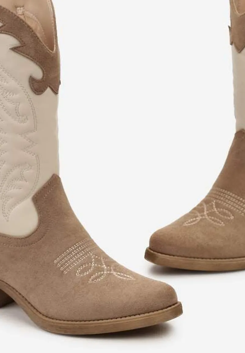 Ciemnobeżowe Kowbojki Botki do Połowy Łydki z Ozdobnymi Przeszyciami na Niskim Słupku Indriel