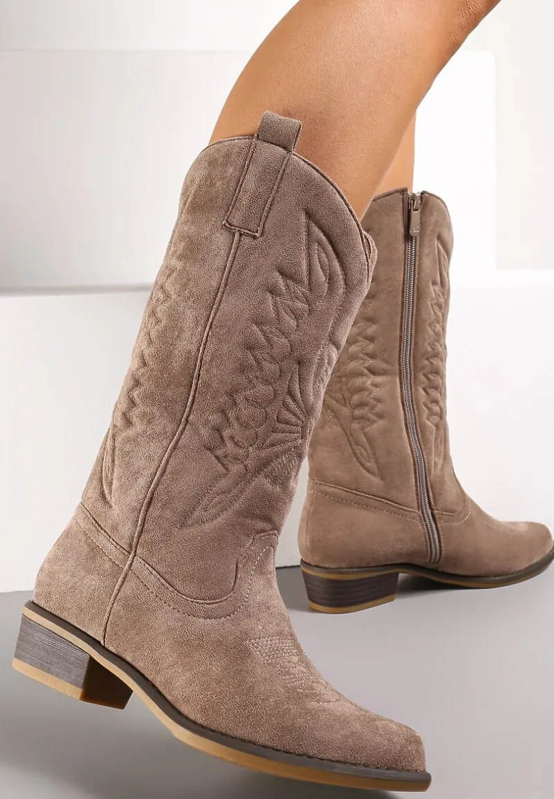 Ciemnobeżowe Kowbojki Botki z Noskiem w Migdał i Przeszyciami Novta