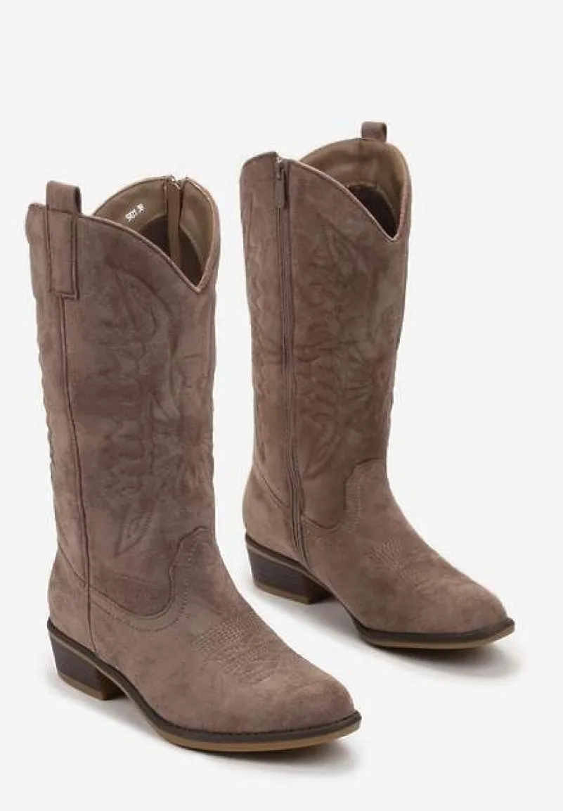 Ciemnobeżowe Kowbojki Botki z Noskiem w Migdał i Przeszyciami Novta