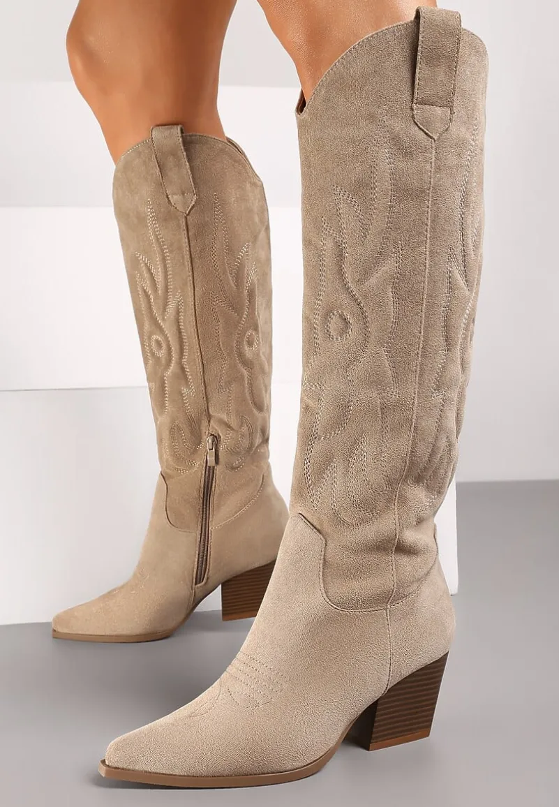 Ciemnobeżowe Kowbojki Kozaki na Stożkowym Słupku z Ekozamszu Iriada