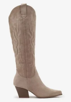 Ciemnobeżowe Kowbojki Kozaki na Stożkowym Słupku z Ekozamszu Iriada