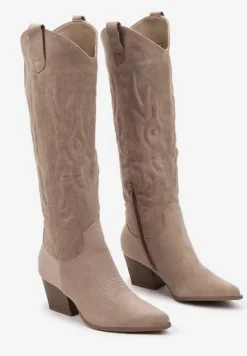 Ciemnobeżowe Kowbojki Kozaki na Stożkowym Słupku z Ekozamszu Iriada