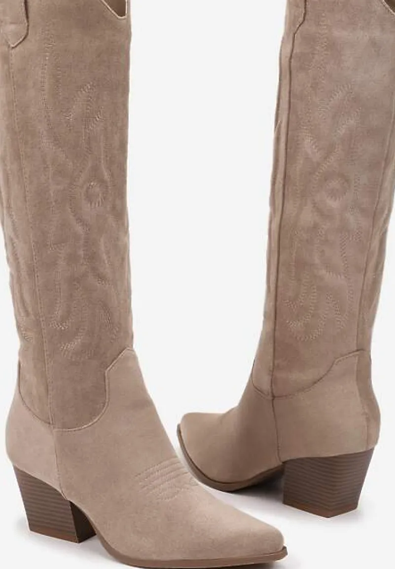 Ciemnobeżowe Kowbojki Kozaki na Stożkowym Słupku z Ekozamszu Iriada