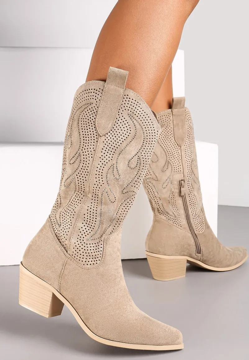 Ciemnobeżowe Kozaki Kowbojki na Słupku ze Szpiczastym Noskiem Helil