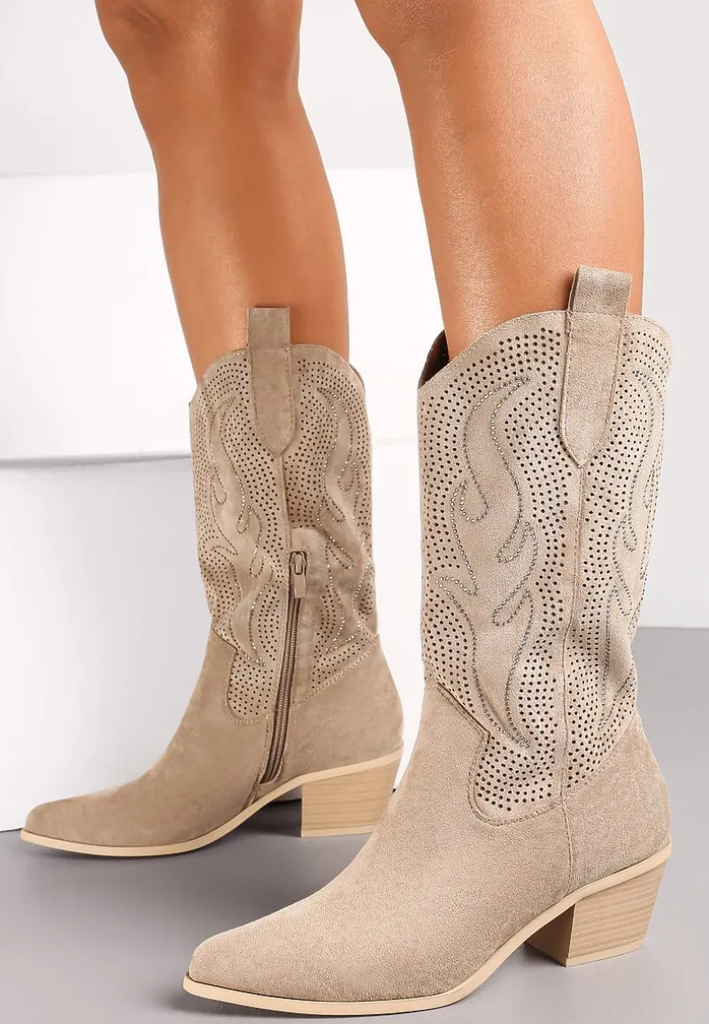 Ciemnobeżowe Kozaki Kowbojki na Słupku ze Szpiczastym Noskiem Helil