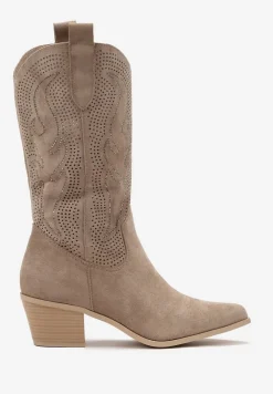 Ciemnobeżowe Kozaki Kowbojki na Słupku ze Szpiczastym Noskiem Helil