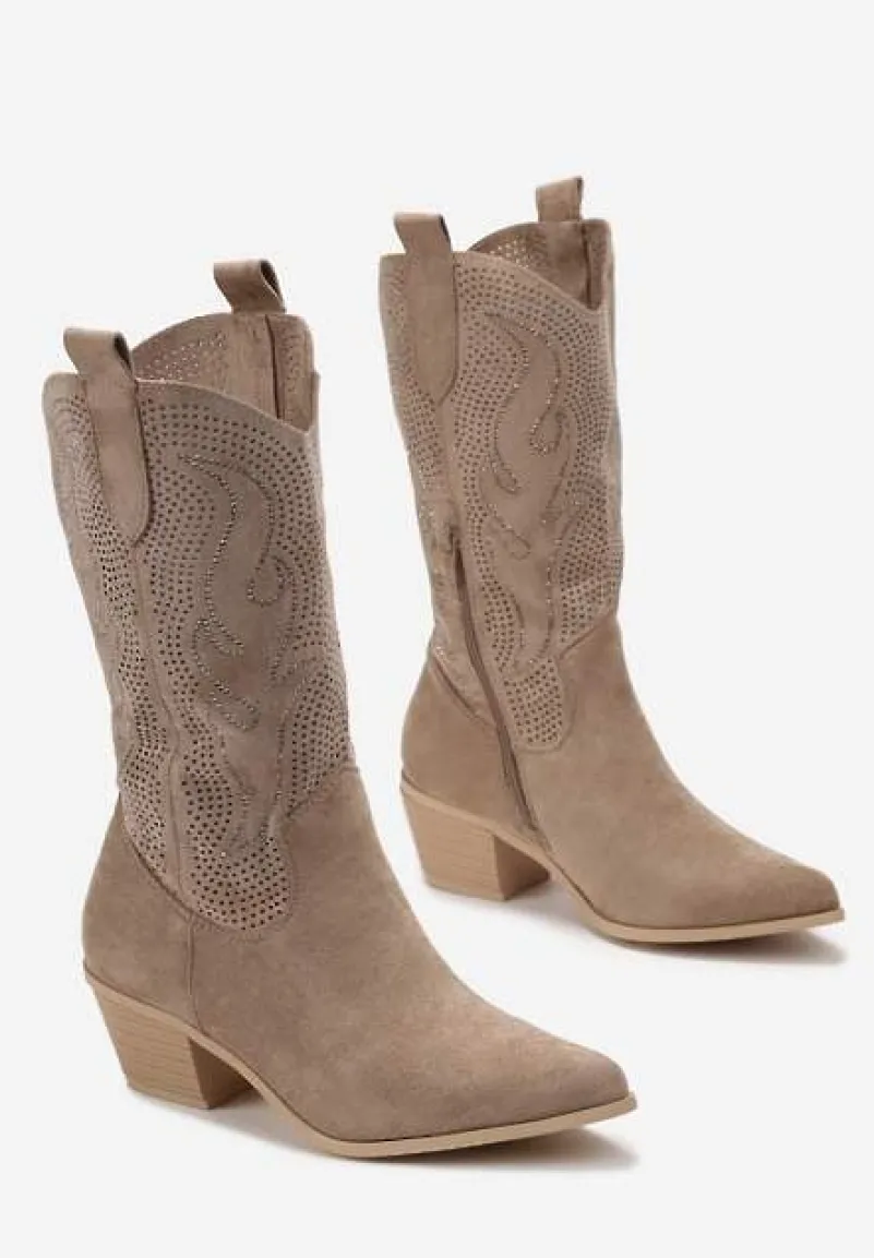 Ciemnobeżowe Kozaki Kowbojki na Słupku ze Szpiczastym Noskiem Helil