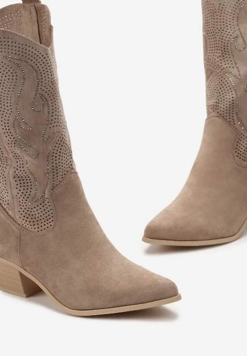 Ciemnobeżowe Kozaki Kowbojki na Słupku ze Szpiczastym Noskiem Helil