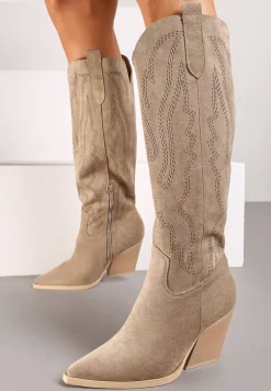 Ciemnobeżowe Kozaki Kowbojki na Słupku z Ozdobnymi Przeszyciami na Suwak Tinovia