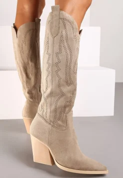 Ciemnobeżowe Kozaki Kowbojki na Słupku z Ozdobnymi Przeszyciami na Suwak Tinovia