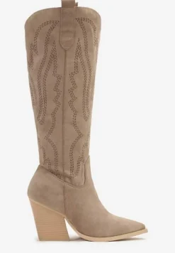 Ciemnobeżowe Kozaki Kowbojki na Słupku z Ozdobnymi Przeszyciami na Suwak Tinovia