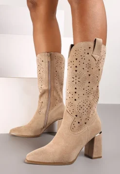 Ciemnobeżowe Kozaki Kowbojki na Słupku z Ażurowym Zdobieniem Navstha