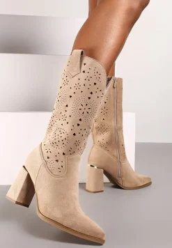 Ciemnobeżowe Kozaki Kowbojki na Słupku z Ażurowym Zdobieniem Navstha