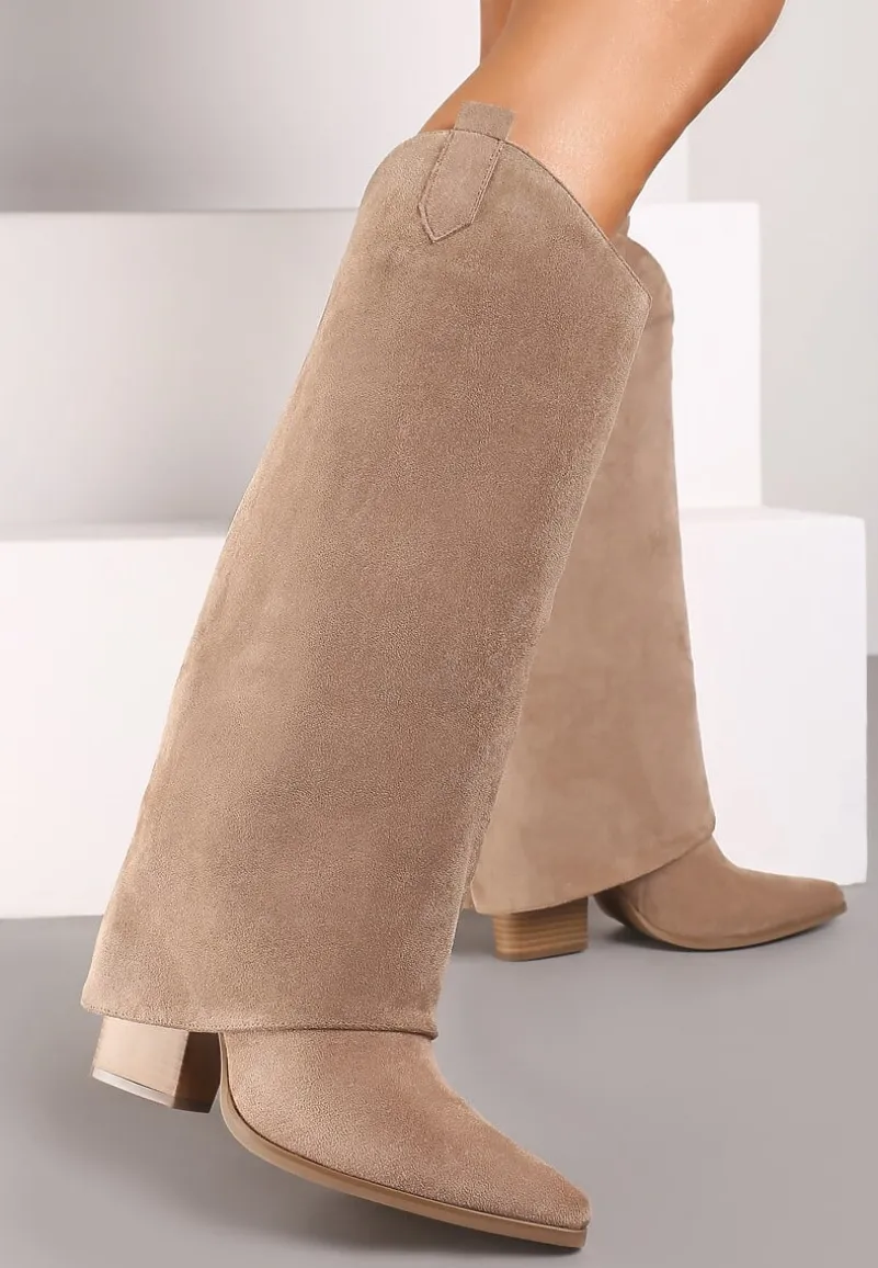 Ciemnobeżowe Kozaki Kowbojki na Stożku z Wywiniętą Cholewką Remisha