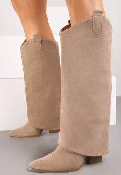 Ciemnobeżowe Kozaki Kowbojki na Stożku z Wywiniętą Cholewką Remisha