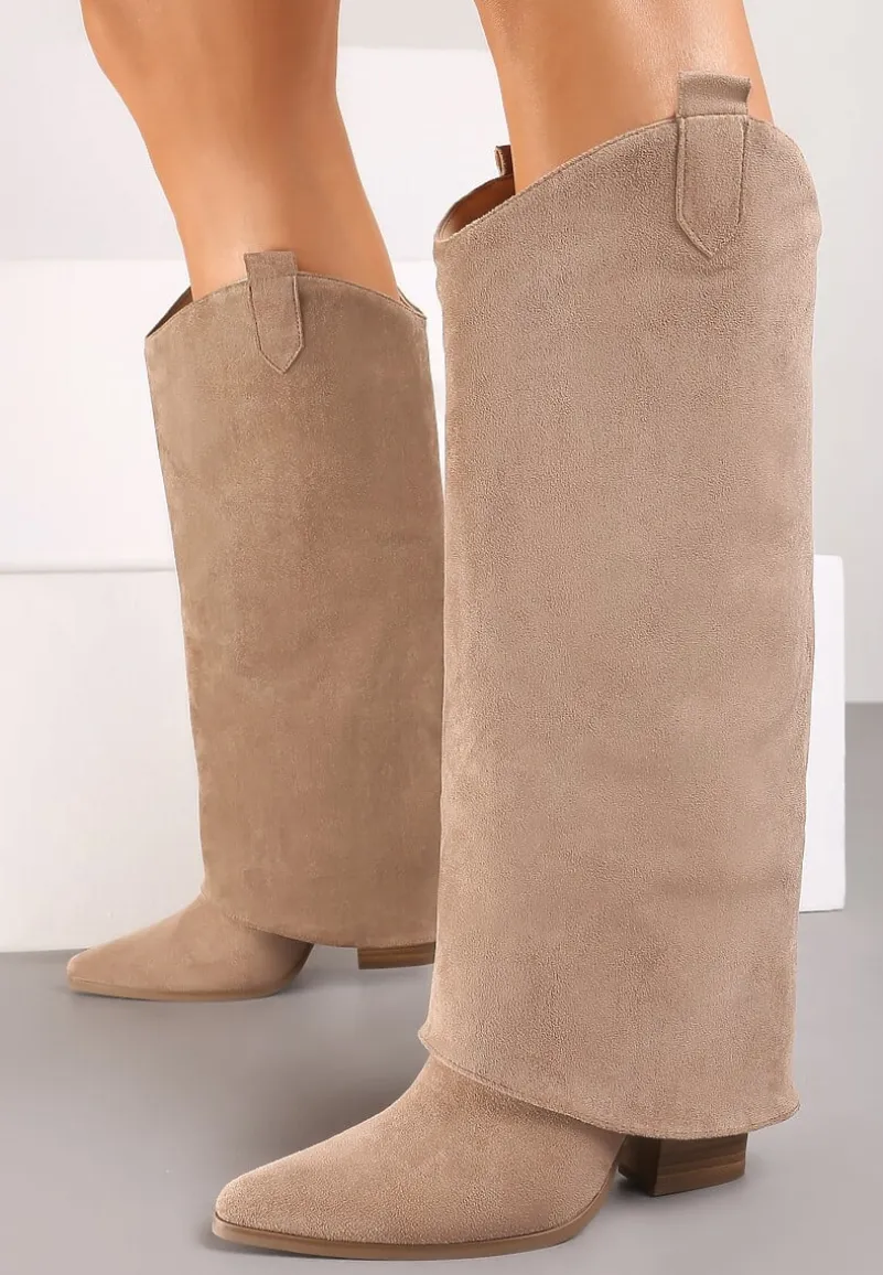 Ciemnobeżowe Kozaki Kowbojki na Stożku z Wywiniętą Cholewką Remisha