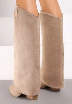 Ciemnobeżowe Kozaki Kowbojki na Stożku z Wywiniętą Cholewką Remisha