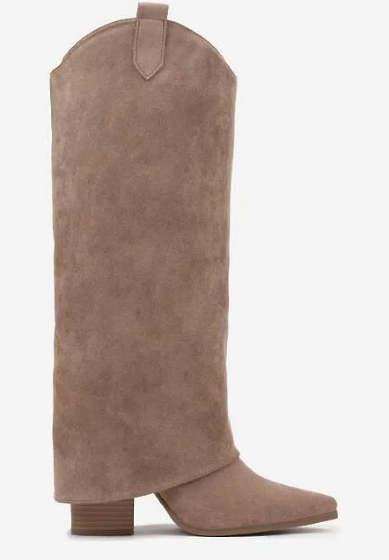 Ciemnobeżowe Kozaki Kowbojki na Stożku z Wywiniętą Cholewką Remisha