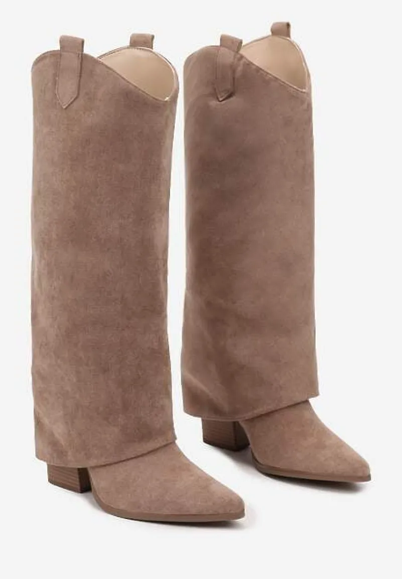 Ciemnobeżowe Kozaki Kowbojki na Stożku z Wywiniętą Cholewką Remisha