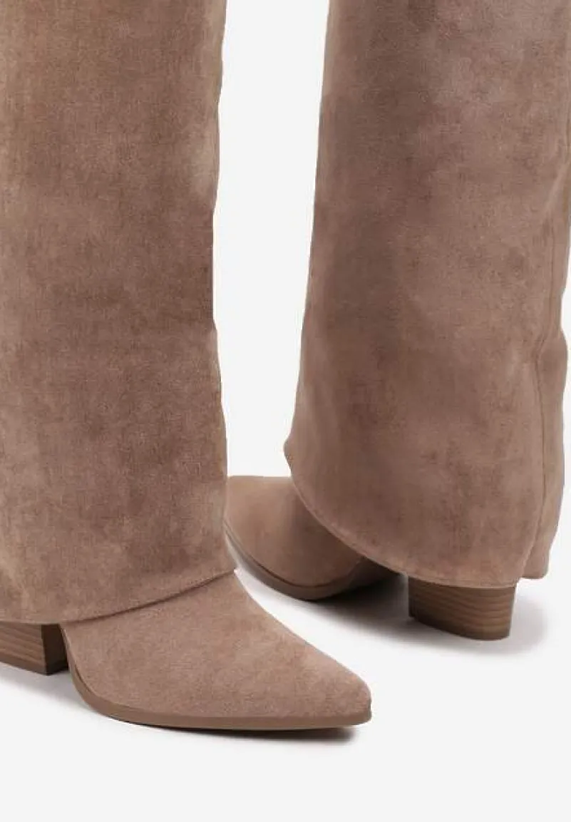 Ciemnobeżowe Kozaki Kowbojki na Stożku z Wywiniętą Cholewką Remisha