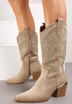 Ciemnobeżowe Kozaki Kowbojki z Haftem na Cholewce i Metalowym Akcentem przy Obcasie Tialethe