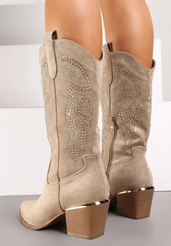 Ciemnobeżowe Kozaki Kowbojki z Haftem na Cholewce i Metalowym Akcentem przy Obcasie Tialethe