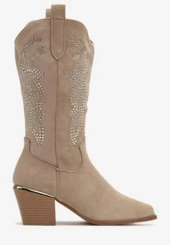 Ciemnobeżowe Kozaki Kowbojki z Haftem na Cholewce i Metalowym Akcentem przy Obcasie Tialethe