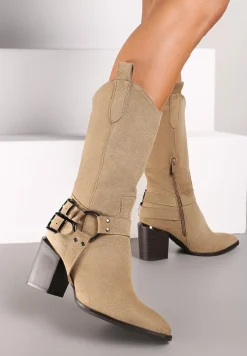 Ciemnobeżowe Kozaki Kowbojki w Stylu Bikerów na Słupku Ansabelle