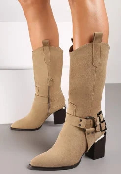 Ciemnobeżowe Kozaki Kowbojki w Stylu Bikerów na Słupku Ansabelle